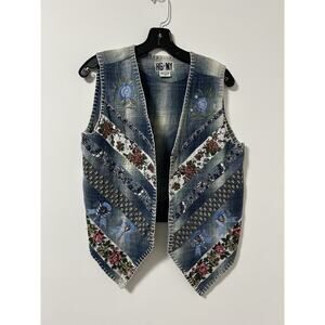 Vintage HG‎ NY Vest Womens Size Med Blue Plaid Embroidered Cotton Floral Boho